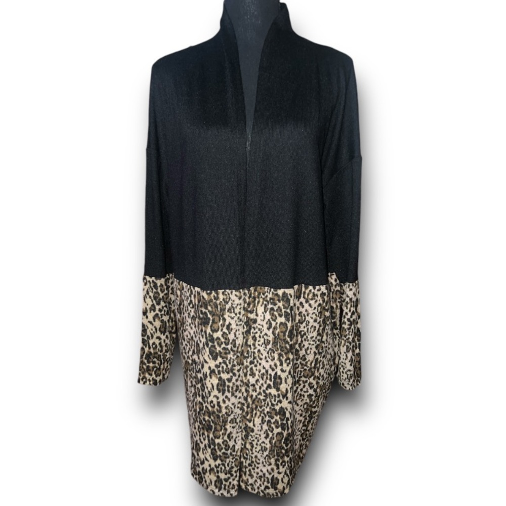 New Black & Leopard Colorblock Open Front Tunic Length Cardigan Sweater S/M NWOT